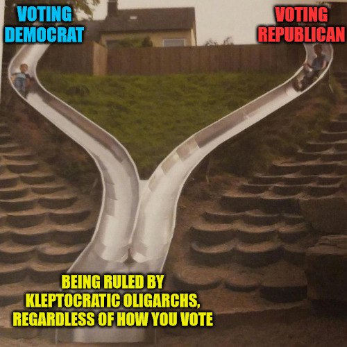 Having an oligarchy means votes don't matter | VOTING REPUBLICAN; VOTING DEMOCRAT; BEING RULED BY KLEPTOCRATIC OLIGARCHS, REGARDLESS OF HOW YOU VOTE | image tagged in two slides merging,democrats,republicans,oligarchy,vote | made w/ Imgflip meme maker