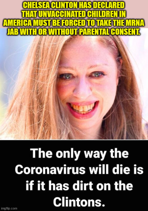 What... No disclaimer for Big Pharma donations to the Clintons? | CHELSEA CLINTON HAS DECLARED THAT UNVACCINATED CHILDREN IN AMERICA MUST BE FORCED TO TAKE THE MRNA JAB WITH OR WITHOUT PARENTAL CONSENT. | image tagged in chelsea clinton,force,children,vaccines | made w/ Imgflip meme maker