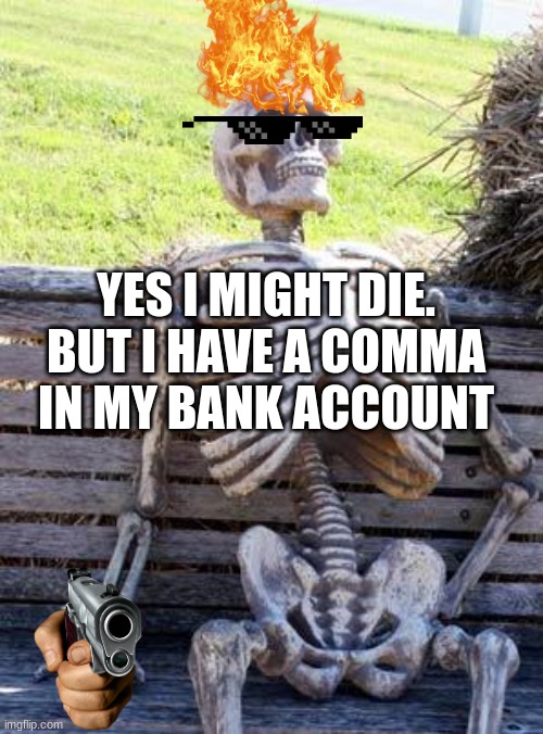 pro | YES I MIGHT DIE. BUT I HAVE A COMMA IN MY BANK ACCOUNT | image tagged in memes,waiting skeleton | made w/ Imgflip meme maker