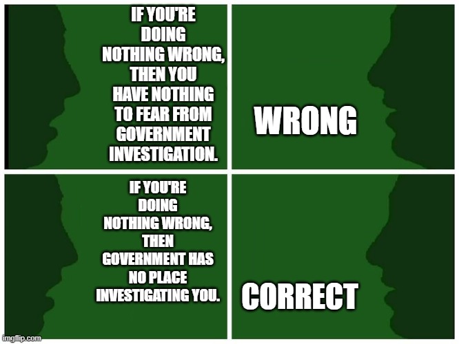 Nothing Wrong, Nothing to Fear? | IF YOU'RE DOING NOTHING WRONG, THEN YOU HAVE NOTHING TO FEAR FROM GOVERNMENT INVESTIGATION. WRONG; IF YOU'RE DOING NOTHING WRONG, THEN GOVERNMENT HAS NO PLACE INVESTIGATING YOU. CORRECT | image tagged in correct incorrect silhouette | made w/ Imgflip meme maker