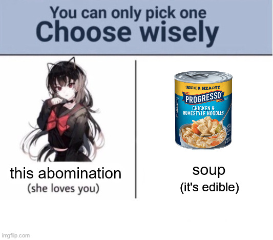 Choose wisely | soup; this abomination; (it's edible) | image tagged in choose wisely | made w/ Imgflip meme maker