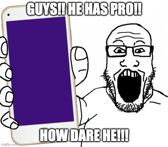fr | GUYS!! HE HAS PRO!! HOW DARE HE!!! | image tagged in soyjak | made w/ Imgflip meme maker