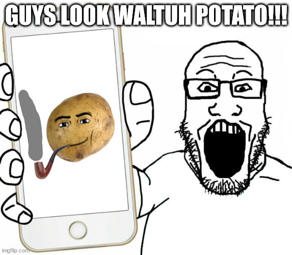 soyjak | GUYS LOOK WALTUH POTATO!!! | image tagged in soyjak | made w/ Imgflip meme maker