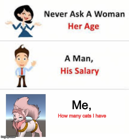 Never ask a woman her age | Me, How many cats I have | image tagged in never ask a woman her age | made w/ Imgflip meme maker