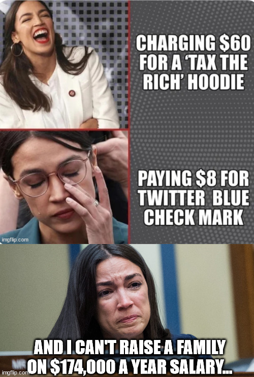 I can't raise a family on $174,000 a year salary...  yes... she said that... | AND I CAN'T RAISE A FAMILY ON $174,000 A YEAR SALARY... | image tagged in aoc crying | made w/ Imgflip meme maker