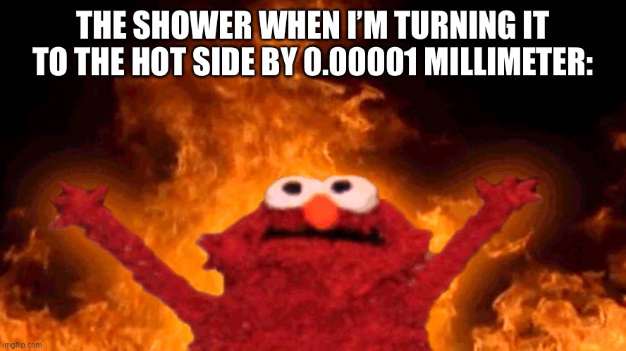 elmo fire | THE SHOWER WHEN I’M TURNING IT TO THE HOT SIDE BY 0.00001 MILLIMETER: | image tagged in elmo fire | made w/ Imgflip meme maker