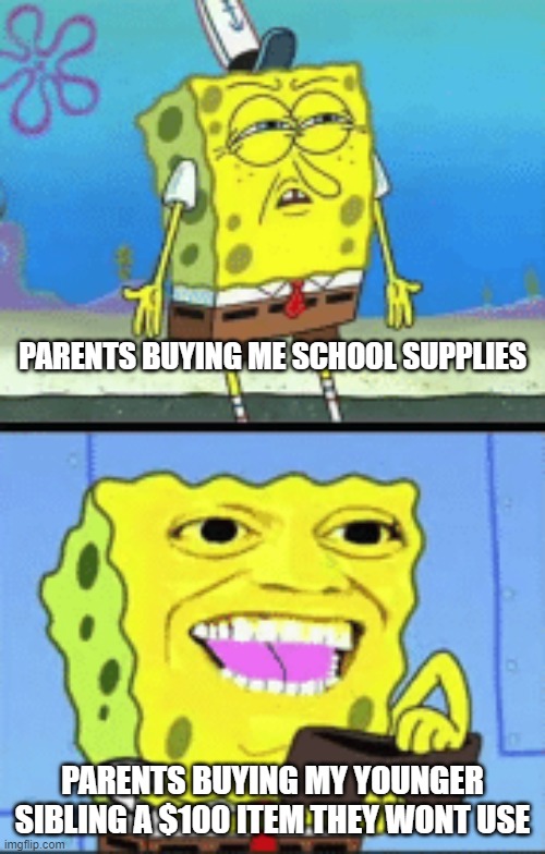Spongebob money | PARENTS BUYING ME SCHOOL SUPPLIES; PARENTS BUYING MY YOUNGER SIBLING A $100 ITEM THEY WONT USE | image tagged in spongebob money | made w/ Imgflip meme maker
