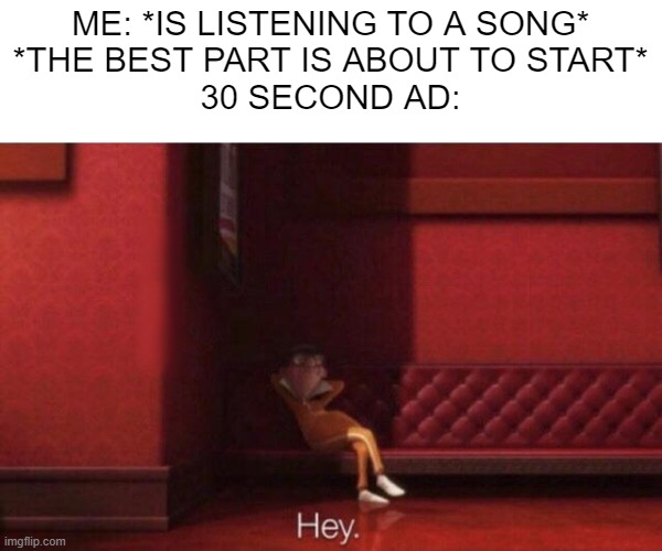 IT'S SO DAMN ANNOYING!!!!! | ME: *IS LISTENING TO A SONG*
*THE BEST PART IS ABOUT TO START*
30 SECOND AD: | image tagged in hey | made w/ Imgflip meme maker