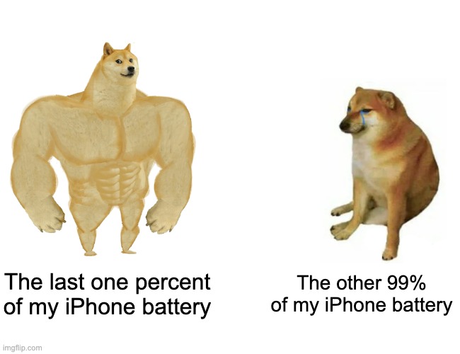 Buff Doge vs. Cheems | The last one percent of my iPhone battery; The other 99% of my iPhone battery | image tagged in memes,buff doge vs cheems | made w/ Imgflip meme maker