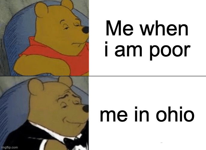 Tuxedo Winnie The Pooh | Me when i am poor; me in ohio | image tagged in memes,tuxedo winnie the pooh | made w/ Imgflip meme maker