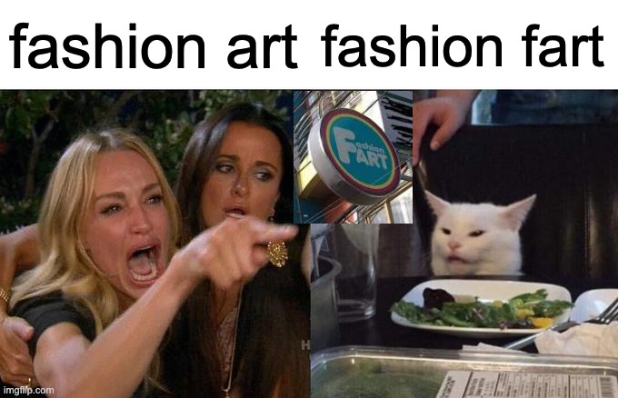 Fasion fART | fashion art; fashion fart | image tagged in memes,woman yelling at cat | made w/ Imgflip meme maker