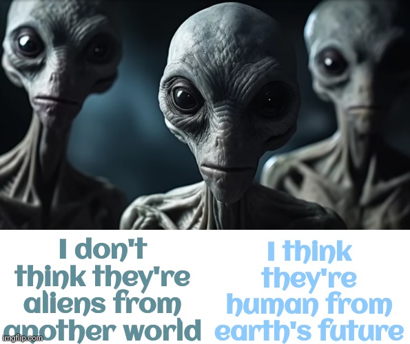 Time Travel | I think they're human from earth's future; I don't think they're aliens from another world | image tagged in aliens,time travel,we did it we time traveled,memes,the future looks hungry | made w/ Imgflip meme maker