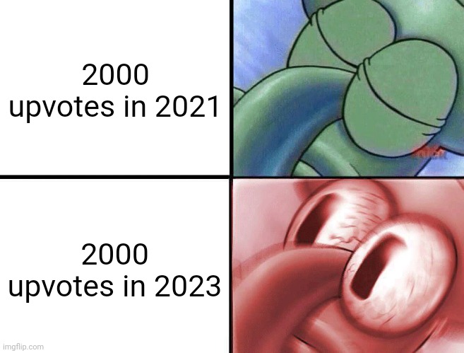 2021 looked awesome (#1,090) | 2000 upvotes in 2021; 2000 upvotes in 2023 | image tagged in sleeping squidward,memes,2021,2023,upvotes,so true | made w/ Imgflip meme maker