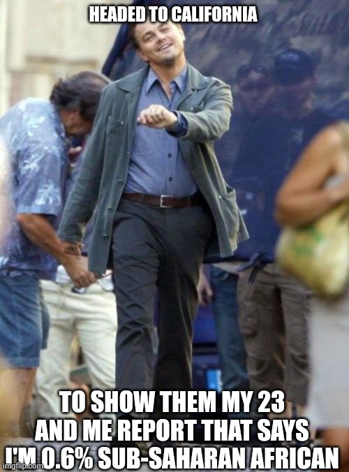 Dicaprio walking | HEADED TO CALIFORNIA TO SHOW THEM MY 23 AND ME REPORT THAT SAYS I'M 0.6% SUB-SAHARAN AFRICAN | image tagged in dicaprio walking | made w/ Imgflip meme maker
