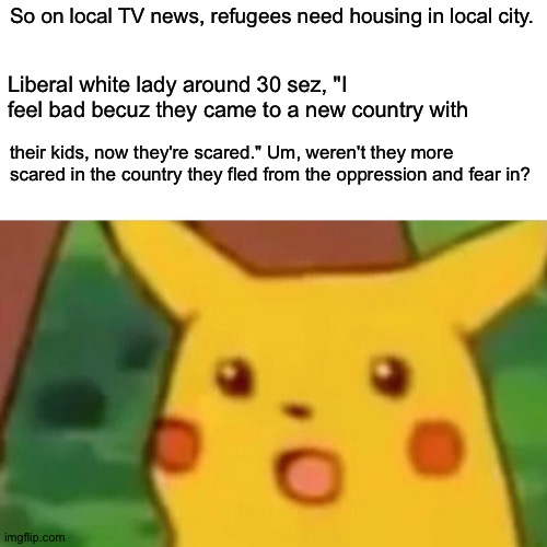 Surprised Pikachu | So on local TV news, refugees need housing in local city. Liberal white lady around 30 sez, "I feel bad becuz they came to a new country with; their kids, now they're scared." Um, weren't they more scared in the country they fled from the oppression and fear in? | image tagged in memes,surprised pikachu | made w/ Imgflip meme maker