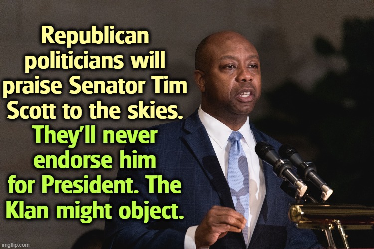 Extreme MAGA will make sure this man never runs for President. | Republican politicians will praise Senator Tim Scott to the skies. They'll never endorse him for President. The Klan might object. | image tagged in senators,tim scott,republican,presidential candidates,maga,ku klux klan | made w/ Imgflip meme maker