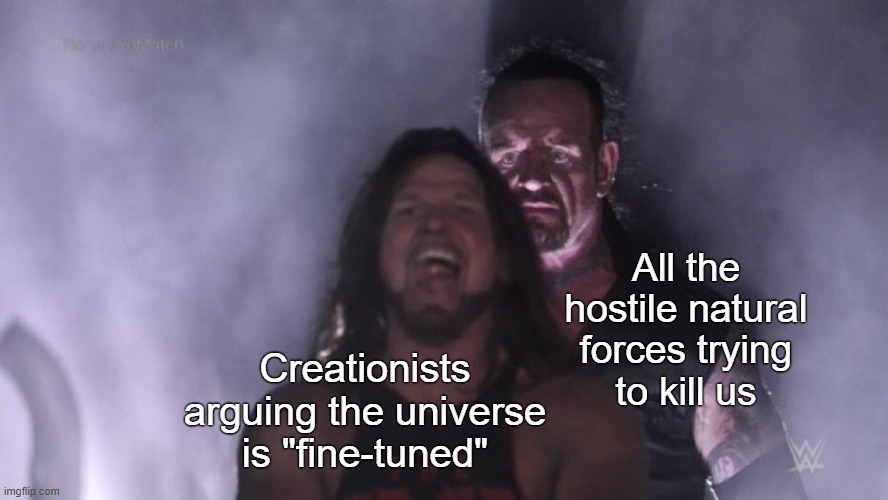 The universe and natural forces on earth are incredibly hostile to life. | All the hostile natural forces trying
to kill us; Creationists arguing the universe is "fine-tuned" | image tagged in aj styles undertaker,science,creationism,religion,christianity,philosophy | made w/ Imgflip meme maker