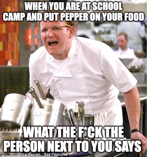 Chef Gordon Ramsay | WHEN YOU ARE AT SCHOOL CAMP AND PUT PEPPER ON YOUR FOOD; WHAT THE F*CK THE PERSON NEXT TO YOU SAYS | image tagged in memes,chef gordon ramsay | made w/ Imgflip meme maker