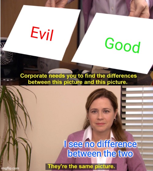 They're The Same Picture | Evil; Good; I see no difference between the two | image tagged in memes,they're the same picture | made w/ Imgflip meme maker