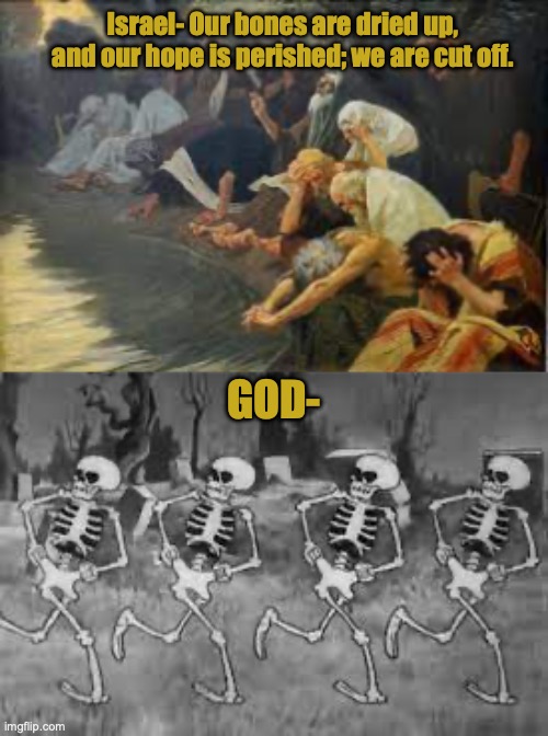 Them Dry Bones | Israel- Our bones are dried up, and our hope is perished; we are cut off. GOD- | image tagged in ezekiel,skeleton | made w/ Imgflip meme maker
