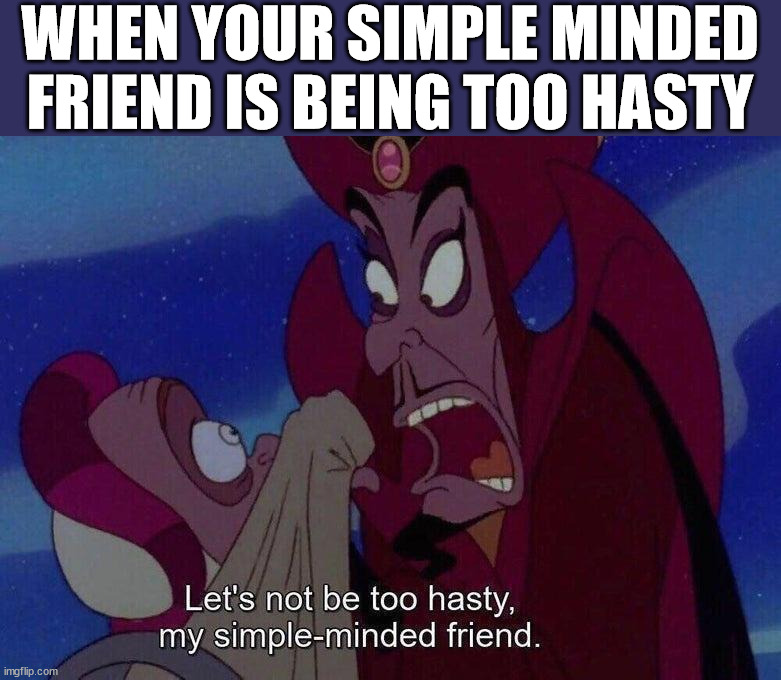 WHEN YOUR SIMPLE MINDED FRIEND IS BEING TOO HASTY | made w/ Imgflip meme maker