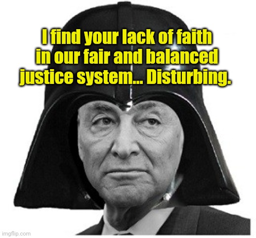 Darth Schumer | I find your lack of faith in our fair and balanced justice system... Disturbing. | image tagged in darth schumer | made w/ Imgflip meme maker