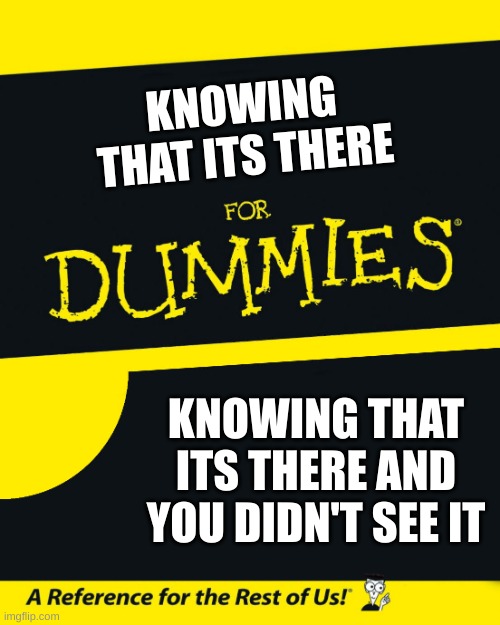 For Dummies | KNOWING THAT ITS THERE KNOWING THAT ITS THERE AND YOU DIDN'T SEE IT | image tagged in for dummies | made w/ Imgflip meme maker