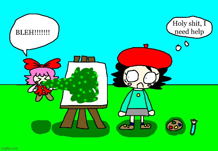 Ribbon vomits on Adeleine's canvas | image tagged in kirby,vomit,cute,parody,gross,fanart | made w/ Imgflip meme maker