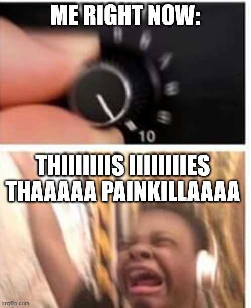 Turn it up | ME RIGHT NOW: THIIIIIIIS IIIIIIIIES THAAAAA PAINKILLAAAA | image tagged in turn it up | made w/ Imgflip meme maker