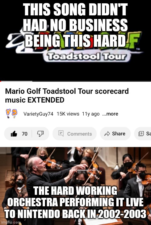 This song had no business going this hard all for just a scoreboard loop | THIS SONG DIDN'T HAD NO BUSINESS BEING THIS HARD; THE HARD WORKING ORCHESTRA PERFORMING IT LIVE TO NINTENDO BACK IN 2002-2003 | image tagged in funny memes,nostalgia,early 2000s,mario,mario golf | made w/ Imgflip meme maker