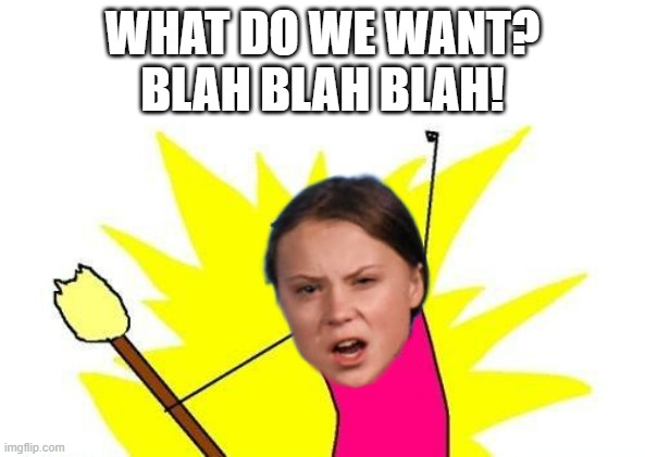 Greta Thunberg - the eco-voice of Sweden, ridiculing all false-preachers. | WHAT DO WE WANT?
BLAH BLAH BLAH! | image tagged in memes,x all the y | made w/ Imgflip meme maker
