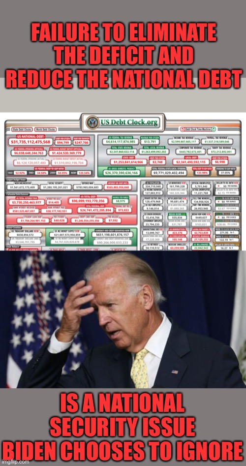 FAILURE TO ELIMINATE THE DEFICIT AND REDUCE THE NATIONAL DEBT; IS A NATIONAL SECURITY ISSUE BIDEN CHOOSES TO IGNORE | image tagged in joe biden worries | made w/ Imgflip meme maker
