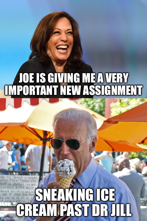 Will she be capable of accomplishing this assignment? | JOE IS GIVING ME A VERY IMPORTANT NEW ASSIGNMENT; SNEAKING ICE CREAM PAST DR JILL | image tagged in kamala harris laughing,joe biden eating ice cream,sneak past dr jill,assignment | made w/ Imgflip meme maker
