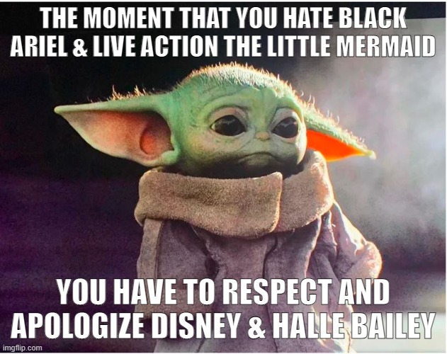 Apologize to The Little Mermaid | THE MOMENT THAT YOU HATE BLACK ARIEL & LIVE ACTION THE LITTLE MERMAID; YOU HAVE TO RESPECT AND APOLOGIZE DISNEY & HALLE BAILEY | image tagged in sad baby yoda,disney,the little mermaid,memes | made w/ Imgflip meme maker