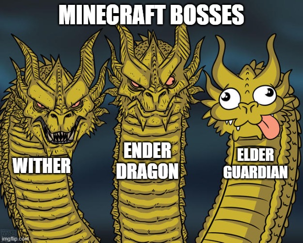 Minecraft | MINECRAFT BOSSES; ENDER DRAGON; ELDER GUARDIAN; WITHER | image tagged in three-headed dragon,minecraft | made w/ Imgflip meme maker
