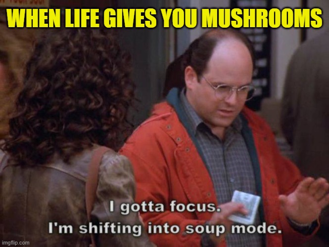COSTANZA SOUP MODE SEINFELD | WHEN LIFE GIVES YOU MUSHROOMS | image tagged in costanza soup mode seinfeld | made w/ Imgflip meme maker