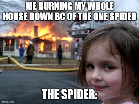 Annoying ass bi- | ME BURNING MY WHOLE HOUSE DOWN BC OF THE ONE SPIDER; THE SPIDER: | image tagged in memes,disaster girl | made w/ Imgflip meme maker