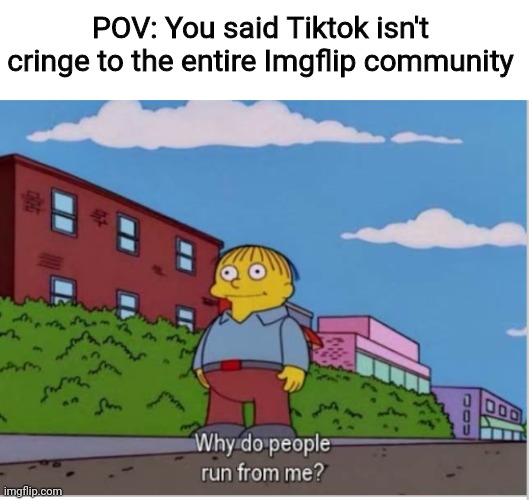 Why do People run away from me | POV: You said Tiktok isn't cringe to the entire Imgflip community | image tagged in why do people run away from me | made w/ Imgflip meme maker