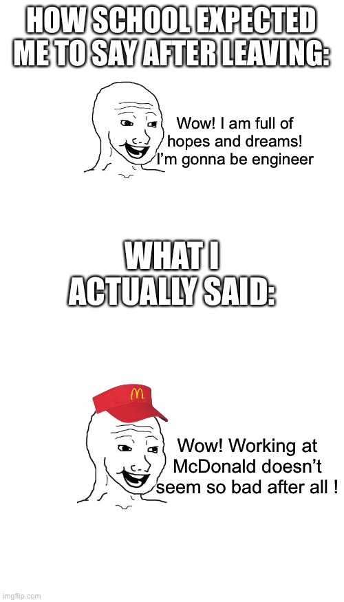 HOW SCHOOL EXPECTED ME TO SAY AFTER LEAVING:; Wow! I am full of hopes and dreams! I’m gonna be engineer; WHAT I ACTUALLY SAID:; Wow! Working at McDonald doesn’t seem so bad after all ! | image tagged in memes,school,mcdonalds | made w/ Imgflip meme maker