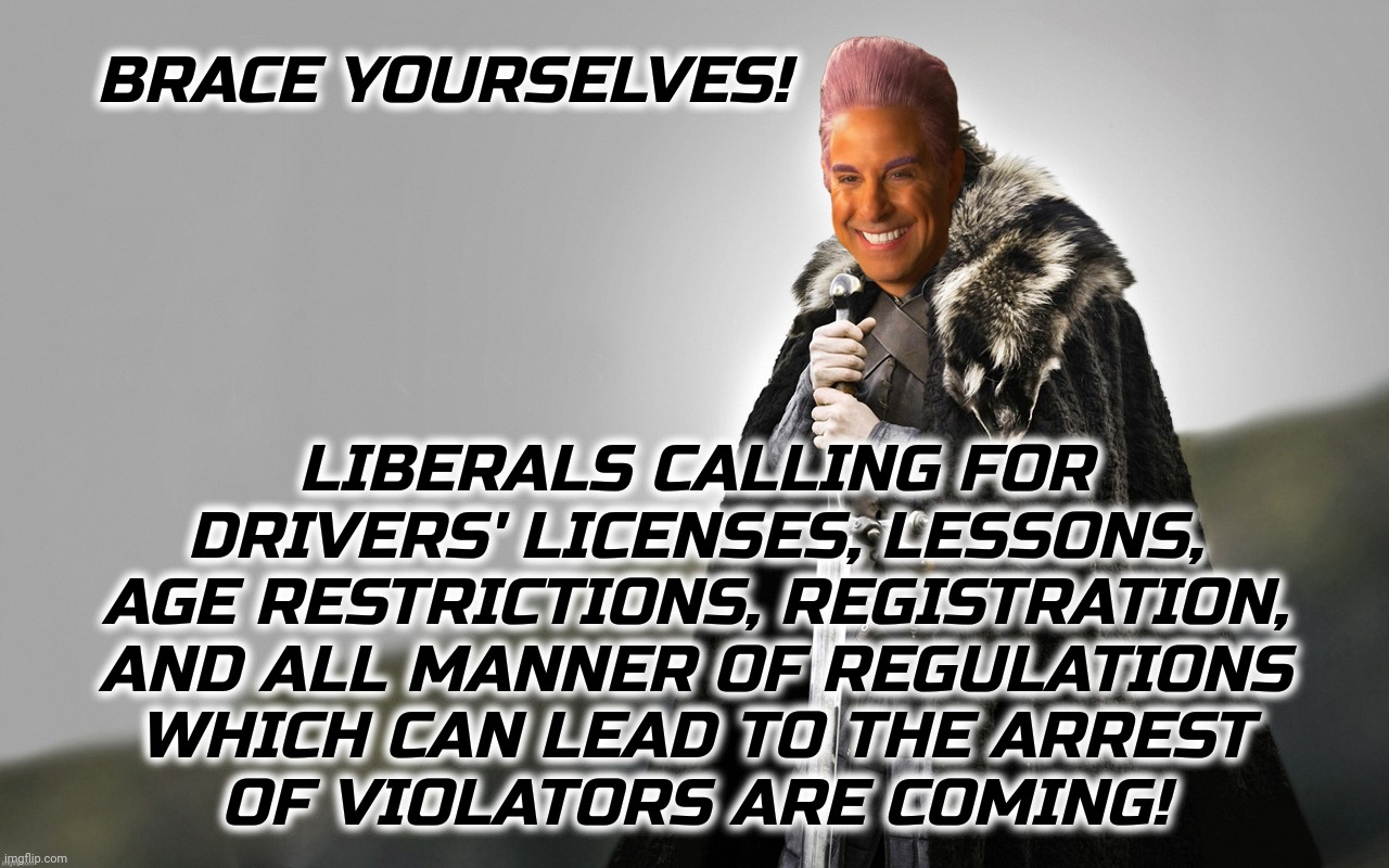 c | BRACE YOURSELVES! LIBERALS CALLING FOR DRIVERS' LICENSES, LESSONS, AGE RESTRICTIONS, REGISTRATION,
AND ALL MANNER OF REGULATIONS
WHICH CAN L | image tagged in c | made w/ Imgflip meme maker