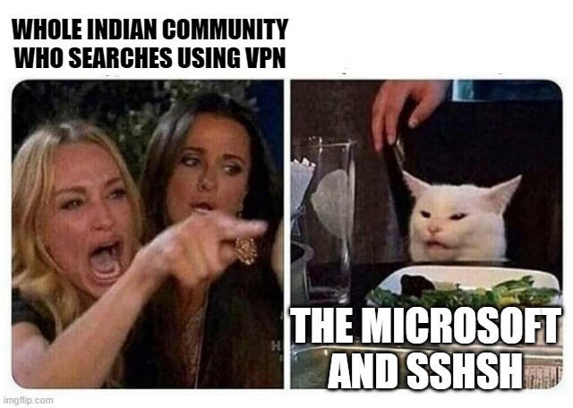 Cat at Dinner | WHOLE INDIAN COMMUNITY WHO SEARCHES USING VPN; THE MICROSOFT AND SSHSH | image tagged in cat at dinner | made w/ Imgflip meme maker