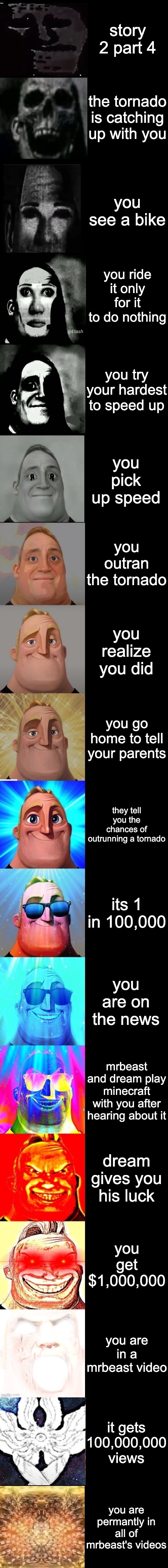 Mr Incredible from Trollge to God | story 2 part 4; the tornado is catching up with you; you see a bike; you ride it only for it to do nothing; you try your hardest to speed up; you pick up speed; you outran the tornado; you realize you did; you go home to tell your parents; they tell you the chances of outrunning a tornado; its 1 in 100,000; you are on the news; mrbeast and dream play minecraft with you after hearing about it; dream gives you his luck; you get $1,000,000; you are in a mrbeast video; it gets 100,000,000 views; you are permantly in all of mrbeast's videos | image tagged in mr incredible from trollge to god | made w/ Imgflip meme maker