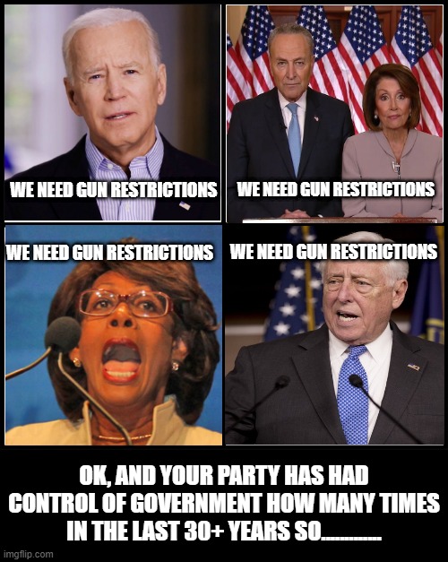 Well.......We're Waiting.....For the Same Hypocrasy | WE NEED GUN RESTRICTIONS; WE NEED GUN RESTRICTIONS; WE NEED GUN RESTRICTIONS; WE NEED GUN RESTRICTIONS; OK, AND YOUR PARTY HAS HAD CONTROL OF GOVERNMENT HOW MANY TIMES IN THE LAST 30+ YEARS SO............. | image tagged in blank drake format,democrats,democracy | made w/ Imgflip meme maker