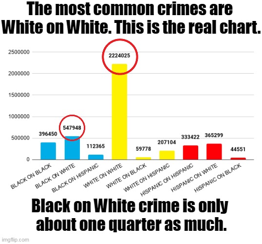 The racist chart that blames it all on black people is a phony. The media pushes negative stereotypes of black Americans. | The most common crimes are 
White on White. This is the real chart. Black on White crime is only 
about one quarter as much. | image tagged in white,crime,important,right wing,lies | made w/ Imgflip meme maker