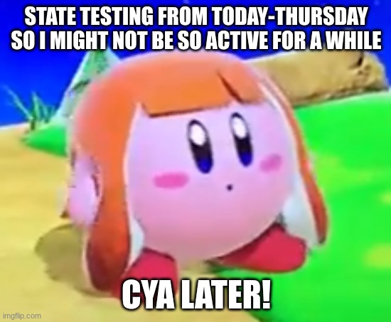 I hate state testing ;-; | STATE TESTING FROM TODAY-THURSDAY SO I MIGHT NOT BE SO ACTIVE FOR A WHILE; CYA LATER! | image tagged in inkling kirby | made w/ Imgflip meme maker