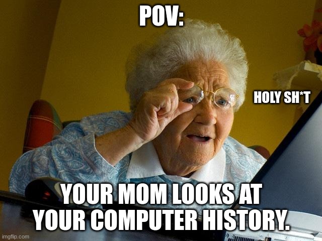 POV: your mom gets ahold of your computer | POV:; HOLY SH*T; YOUR MOM LOOKS AT YOUR COMPUTER HISTORY. | image tagged in memes,grandma finds the internet | made w/ Imgflip meme maker