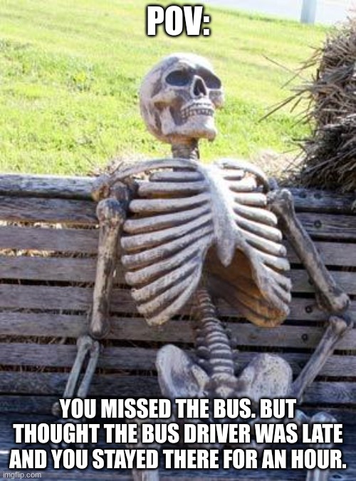 POV: you missed the damn bus | POV:; YOU MISSED THE BUS. BUT THOUGHT THE BUS DRIVER WAS LATE AND YOU STAYED THERE FOR AN HOUR. | image tagged in memes,waiting skeleton | made w/ Imgflip meme maker