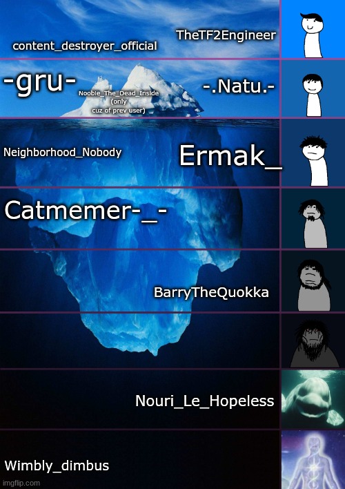here ig | content_destroyer_official; TheTF2Engineer; -.Natu.-; -gru-; Noobie_The_Dead_Inside (only cuz of prev user); Neighborhood_Nobody; Ermak_; Catmemer-_-; BarryTheQuokka; Nouri_Le_Hopeless; Wimbly_dimbus | image tagged in iceberg levels tiers | made w/ Imgflip meme maker