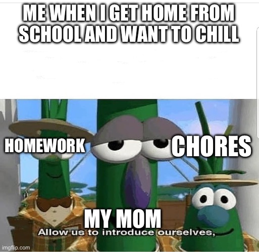 Allow us to introduce ourselves | ME WHEN I GET HOME FROM SCHOOL AND WANT TO CHILL; HOMEWORK; CHORES; MY MOM | image tagged in allow us to introduce ourselves | made w/ Imgflip meme maker
