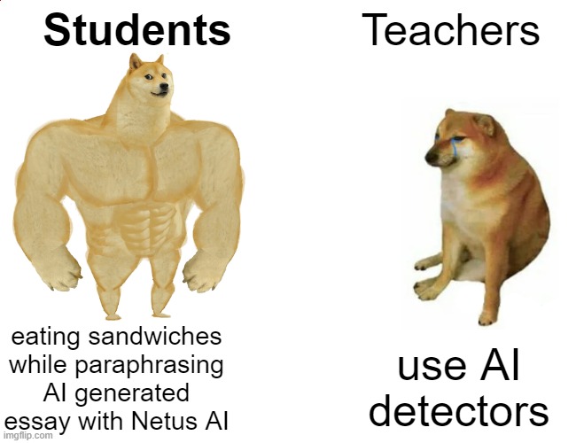 Buff Doge vs. Cheems | Students; Teachers; eating sandwiches while paraphrasing AI generated essay with Netus AI; use AI detectors | image tagged in memes,buff doge vs cheems,student life,study tips,ai bypass,ai rewriter | made w/ Imgflip meme maker